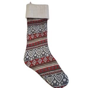 Christmas Stocking Sweater Knit Hearts Sweater Stocking Red Gray 21"
